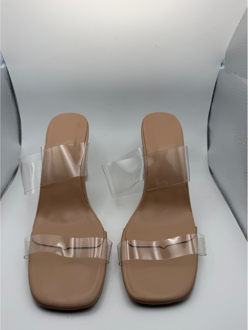 Clear Strap Nude Block Heel Sandals